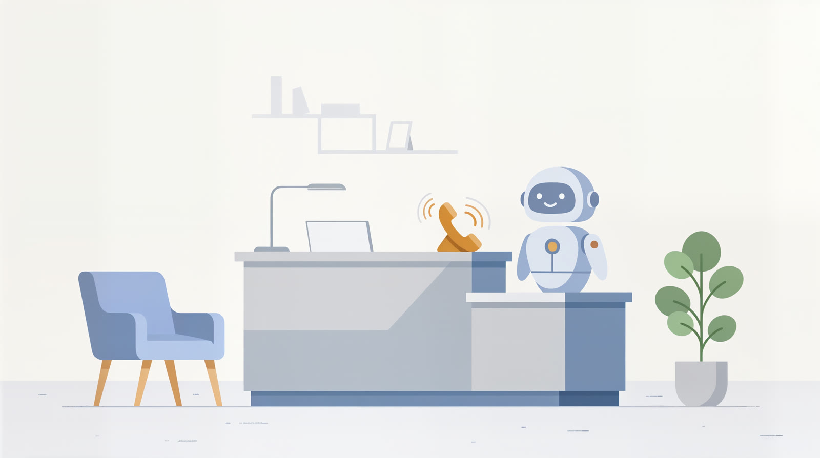 A flat illustration of a reception desk with a ringing phone and a small friendly robot beside it, grey and blue with a single amber phone