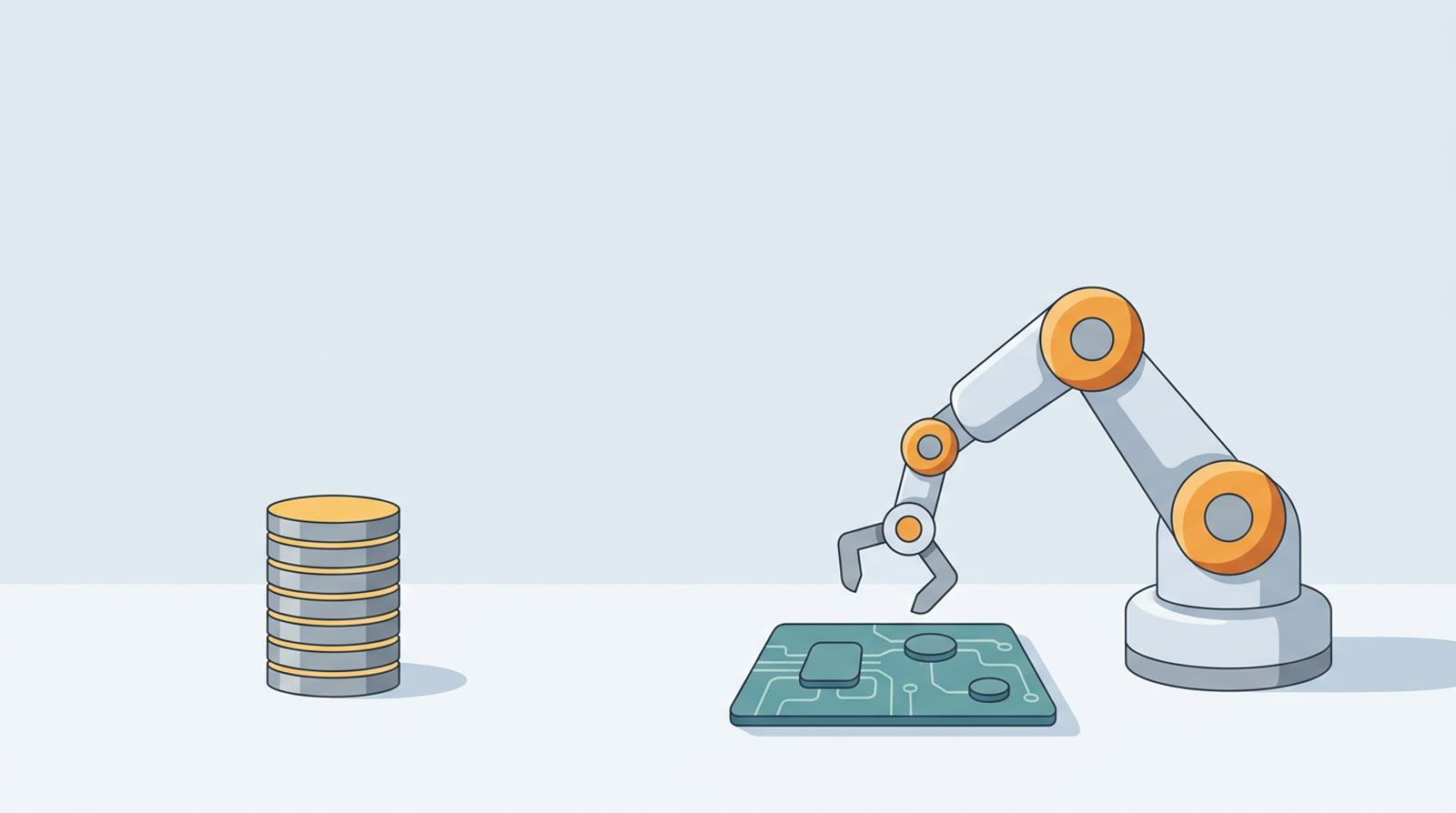 A flat illustration of a stack of coins beside a small friendly robot arm reaching toward a circuit board