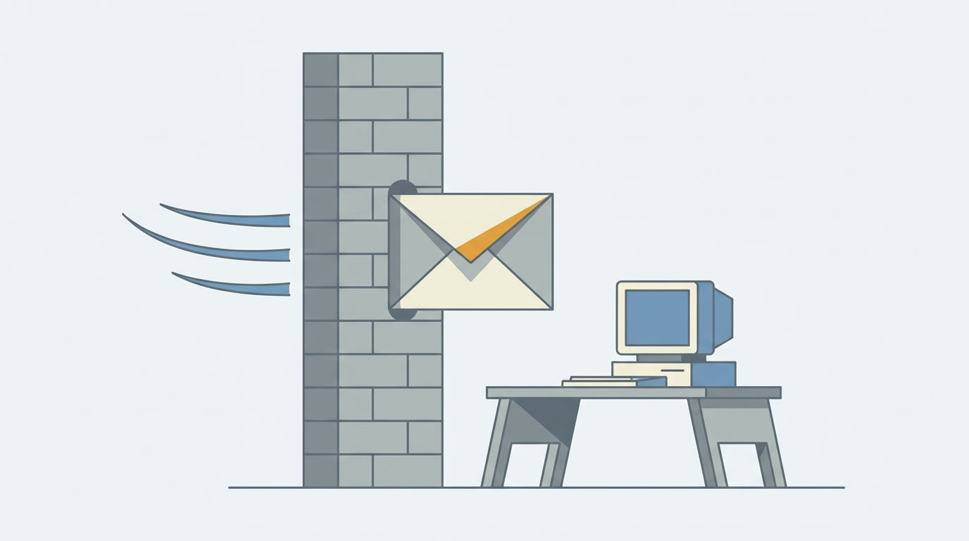 A flat illustration of an envelope flying toward a tall grey brick wall and vanishing into it, with motion streaks behind it, beside a desk with an idle computer monitor, one warm amber accent