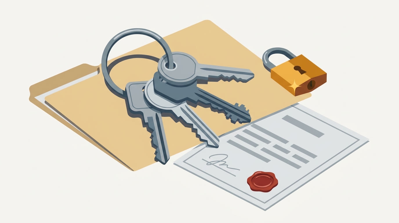 A flat illustration of a set of labelled keys on a ring resting on a paper folder, next to a small padlock and a signed document, grey and blue palette with one warm amber accent