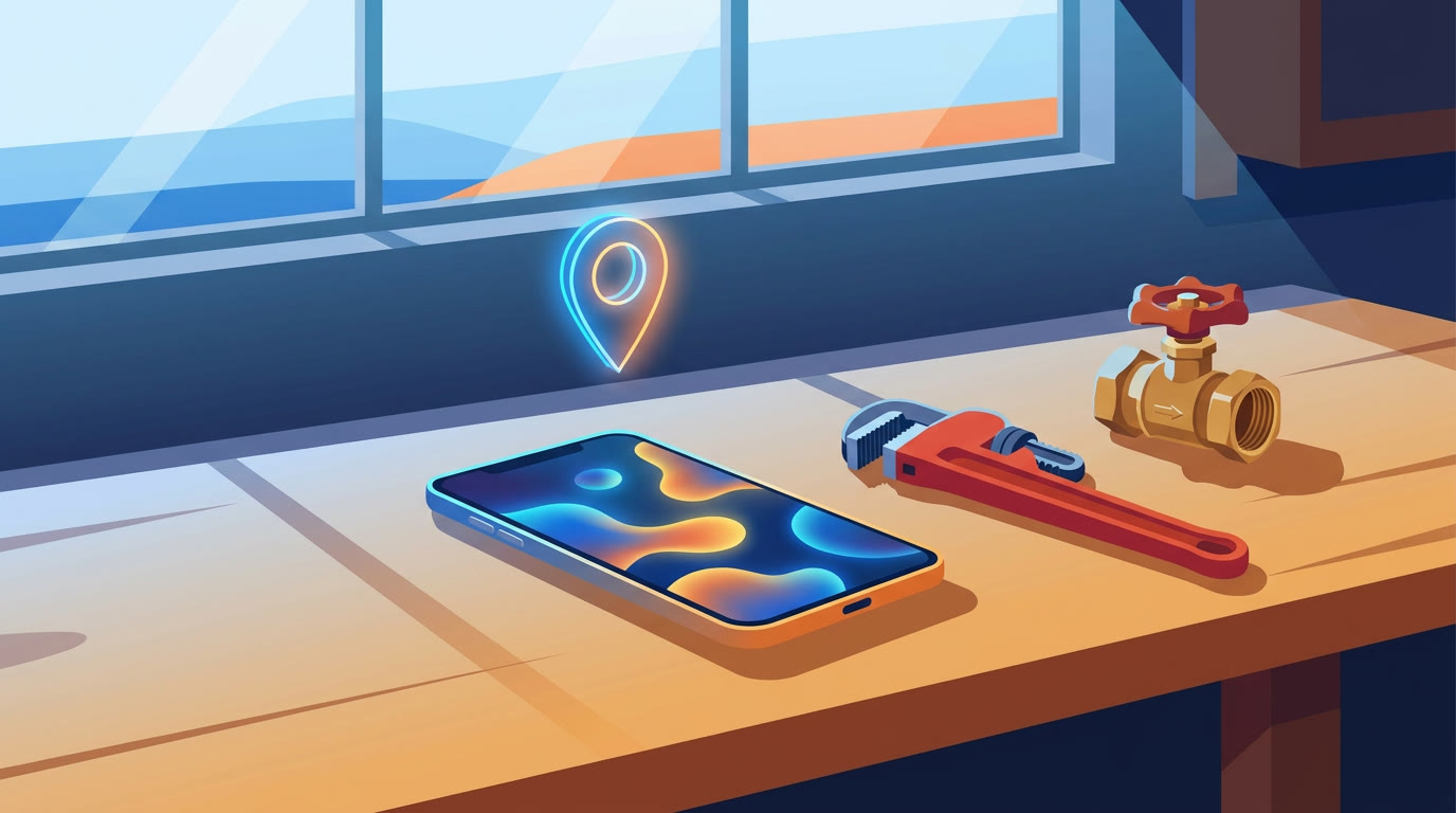 A smartphone on a workbench beside a pipe wrench and boiler valve, a glowing map pin floating above the screen, flat illustration