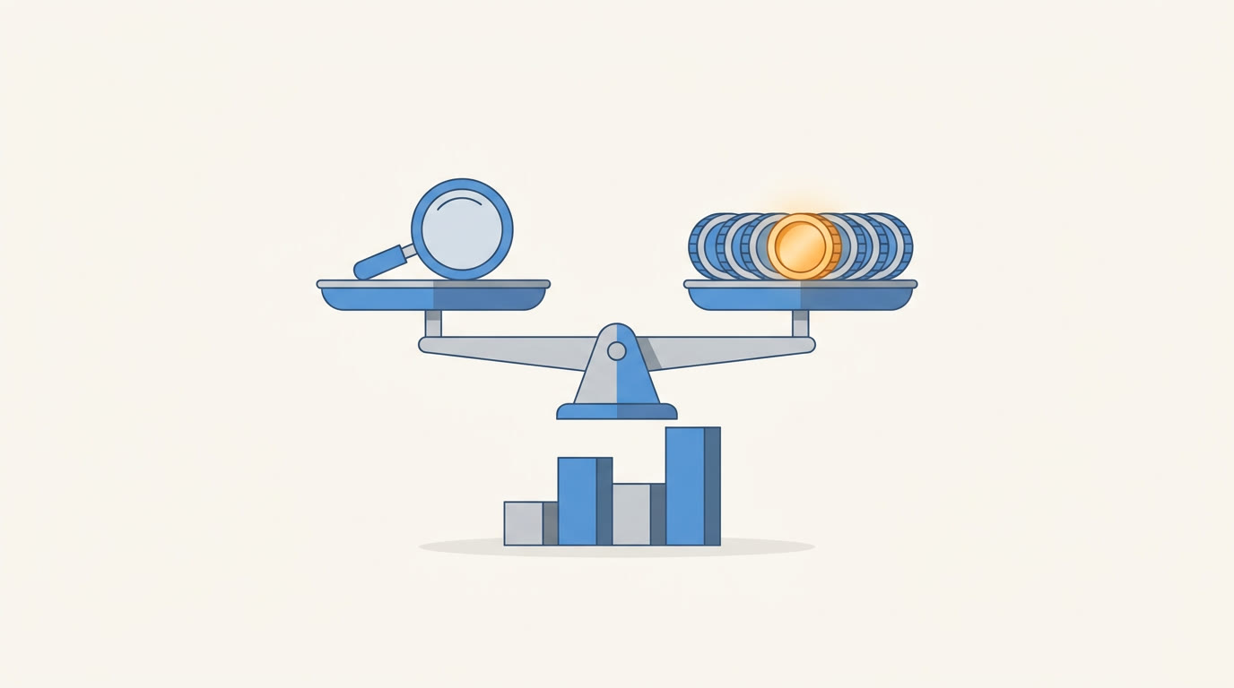 A flat illustration of a balance scale with a magnifying glass on one side and a row of coins on the other, standing on a small chart with rising bars, grey and blue palette with one warm amber accent