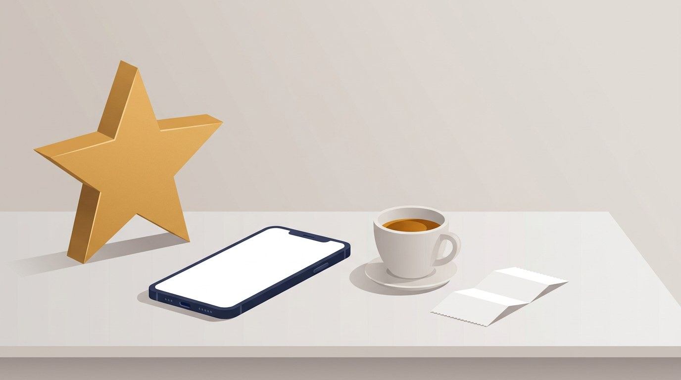 A large gold five-pointed star on a desk beside a smartphone with a blank screen, a coffee cup and a receipt, flat illustration