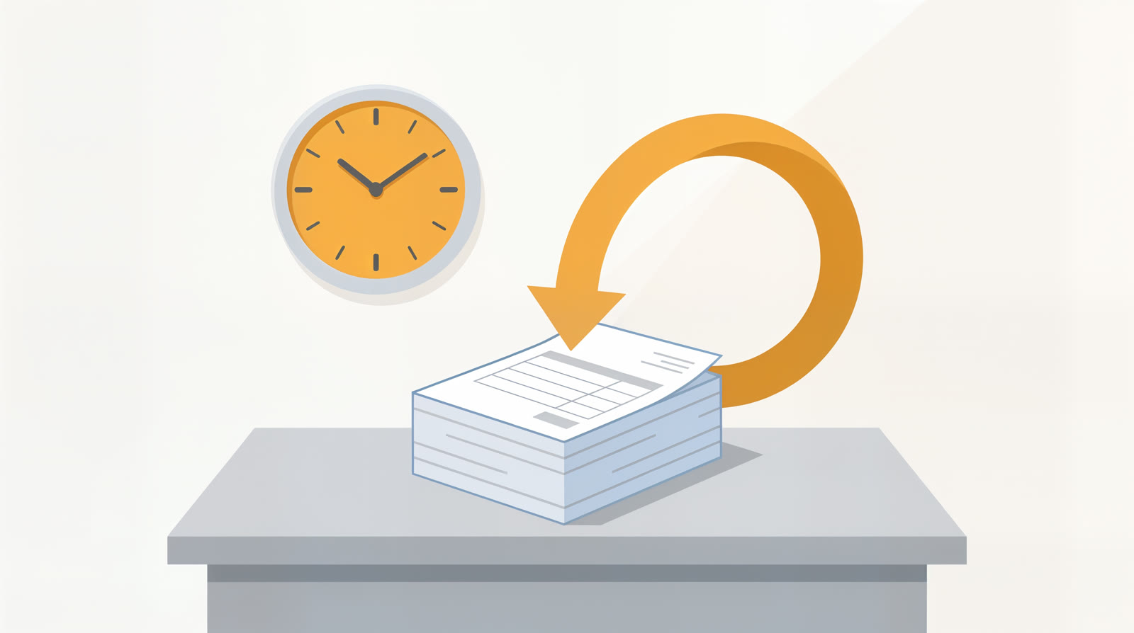A flat illustration of a stack of invoices with a wall clock and a large curved reminder arrow, grey and blue with a single amber arrow and clock