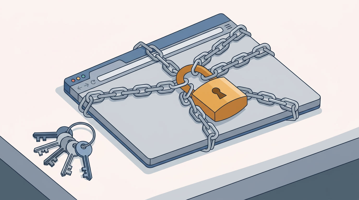 A flat illustration of a browser window with a chain and padlock around it lying on a desk next to a set of keys on a ring, grey and blue palette with one warm amber accent
