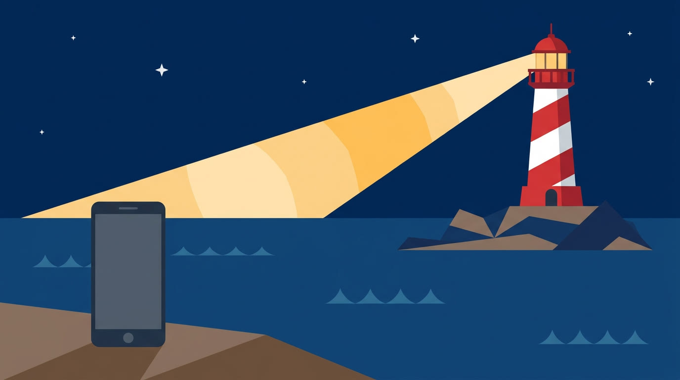 A red and white striped lighthouse sweeping its beam across a night sea toward a smartphone on the shore with a blank screen, flat illustration