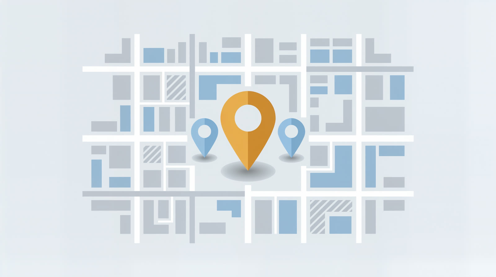 A flat illustration of a stylised street grid with a cluster of location pins, one pin in a warm amber colour