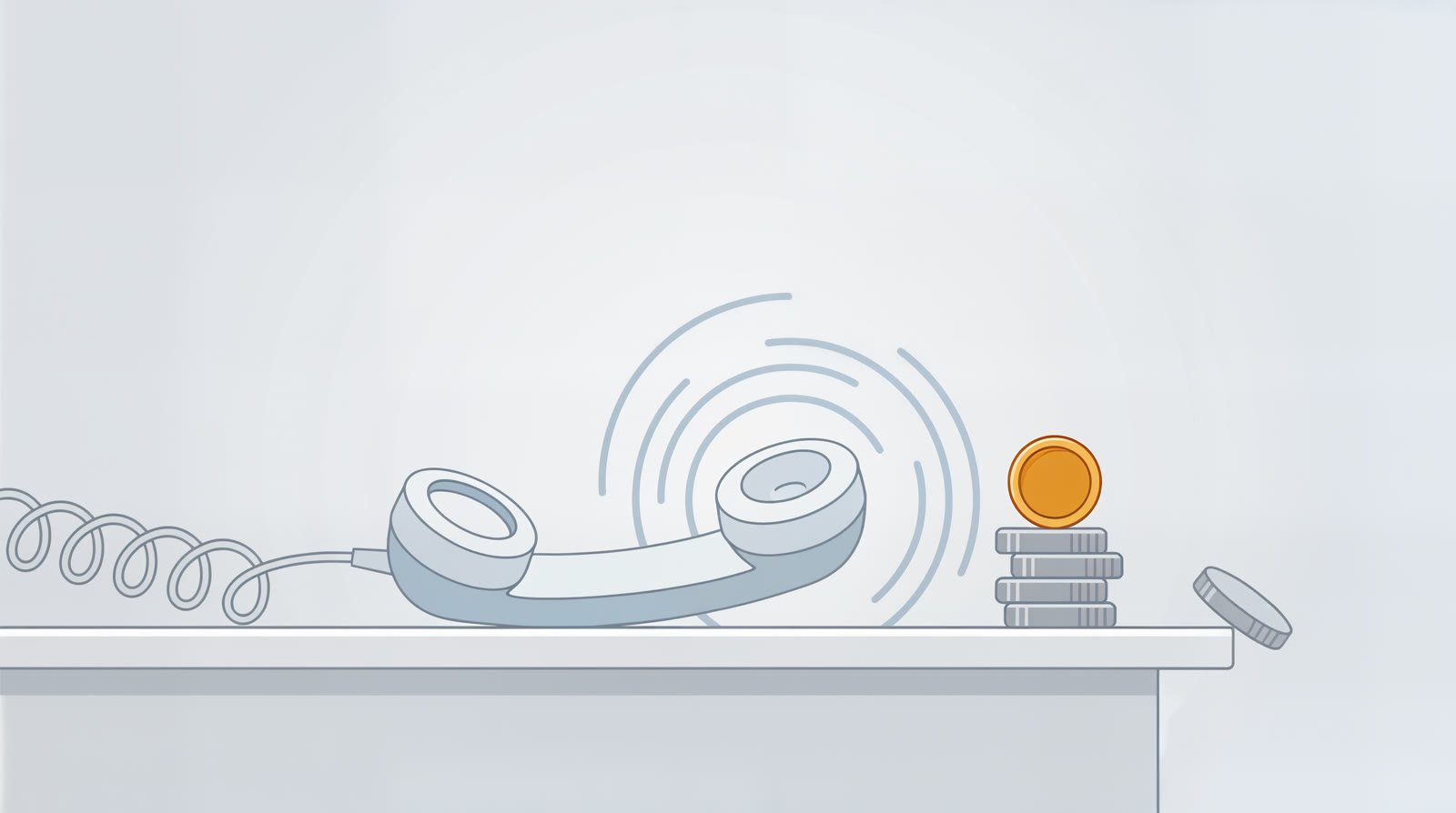 A flat illustration of a telephone handset off its cradle with ringing arcs around it and a stack of coins beside it