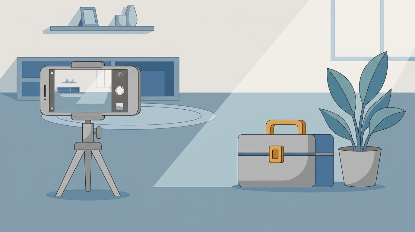 A flat illustration of a smartphone on a small tripod framing a neat room interior with a toolbox and a plant beside it, a light beam falling across the scene, grey and blue palette with one warm amber accent