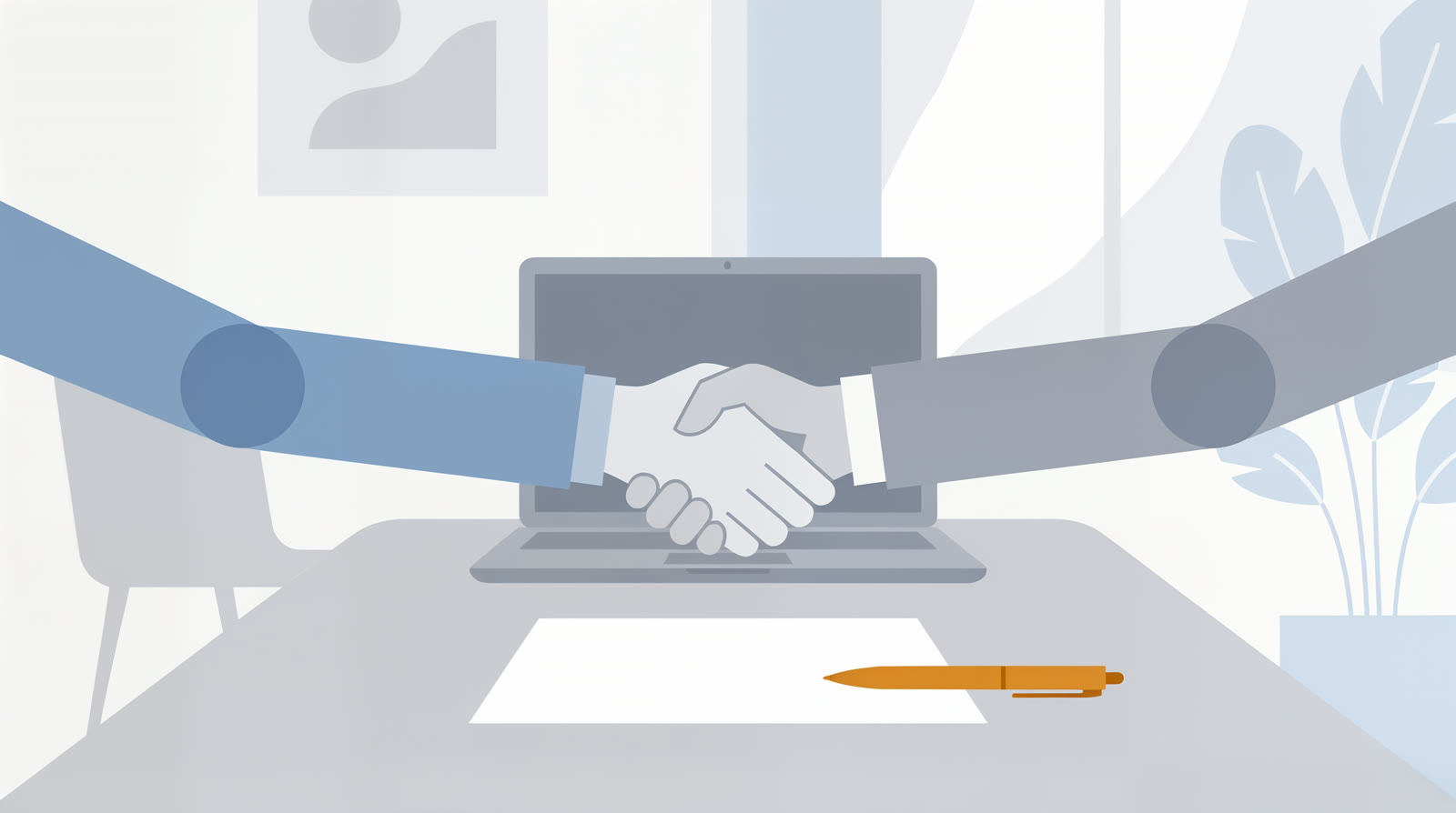 A flat illustration of a handshake across a desk with a blank document and a pen, grey and blue with a single amber pen