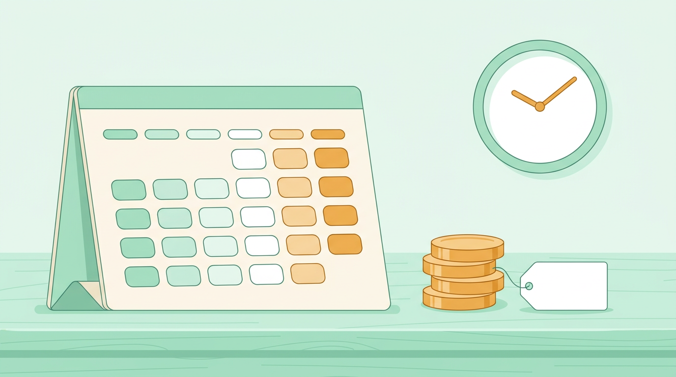 A flat illustration of a desk with a calendar showing colour-coded open time slots, a stack of coins and a blank price tag, and a wall clock