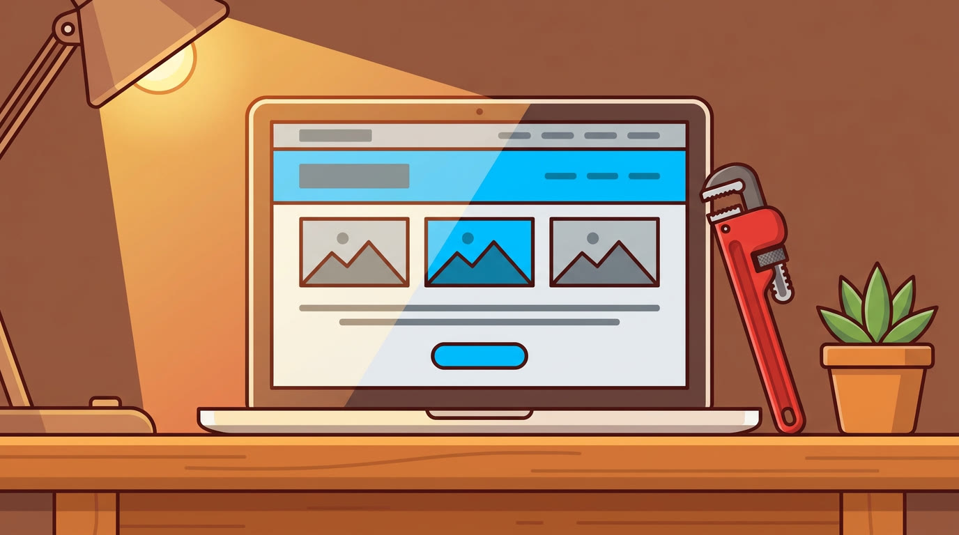 An open laptop showing a website taking shape as grey and blue blocks, a red pipe wrench leaning against it, flat illustration