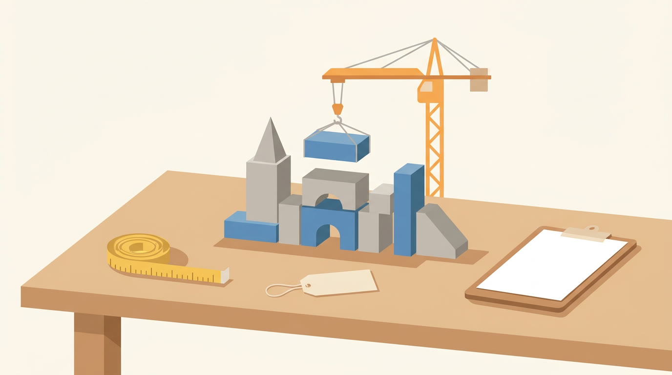 A website being assembled from grey and blue building blocks by a small crane on a workbench, with a tape measure and a blank price tag, flat illustration