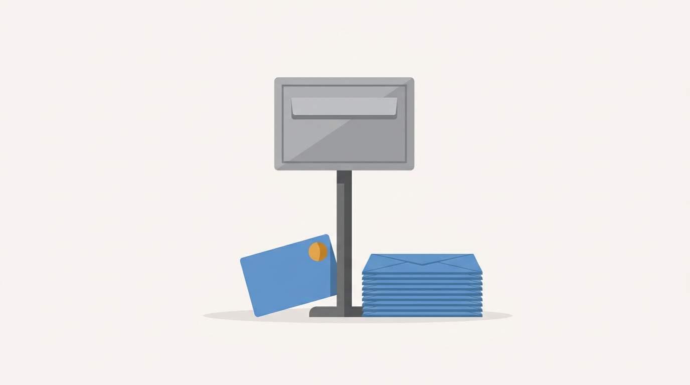A flat illustration of a letterbox on a stand with a stack of envelopes beside it and a small sign-up card leaning against the base, grey and blue palette with one warm amber accent