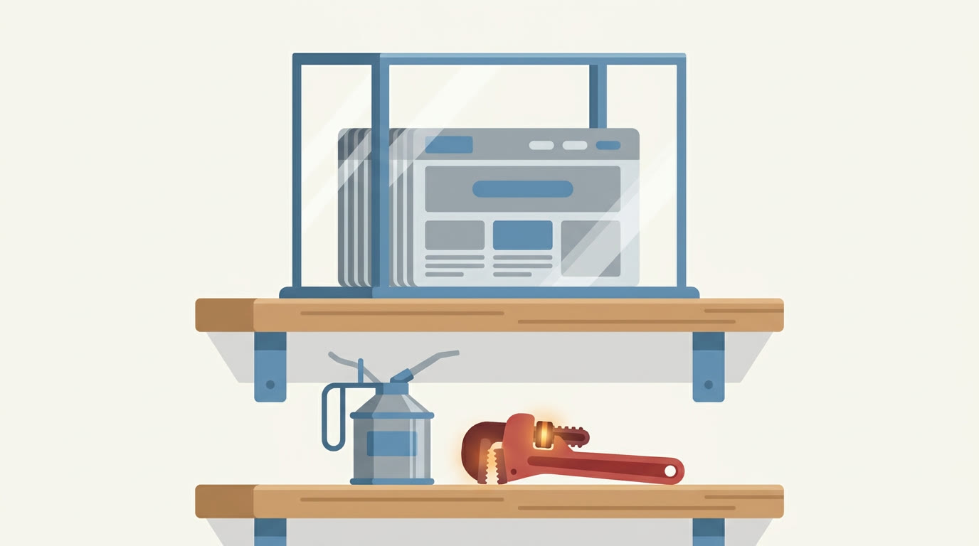 A flat illustration of a website shown as a neat stack of blue and grey cards inside a glass display case, with an oil can and a red wrench on the shelf below, grey and blue palette with one warm amber accent