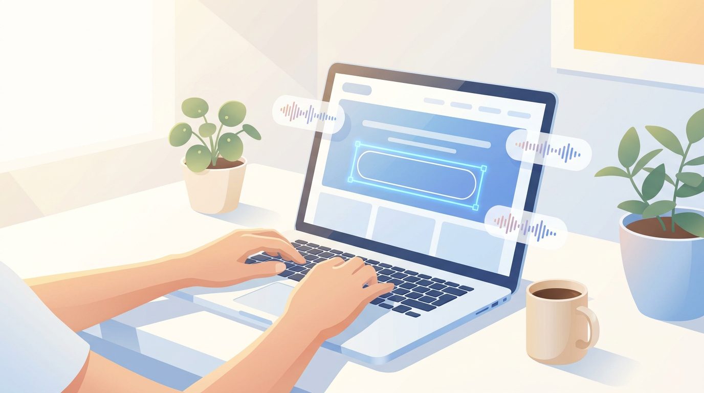 Hands on a laptop keyboard with a glowing focus outline on screen, light modern illustration