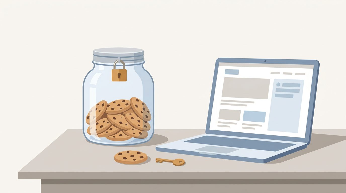 A flat illustration of a glass jar of biscuits with a small padlock on the lid, standing on a desk beside an open laptop, one biscuit and a tiny key resting outside the jar