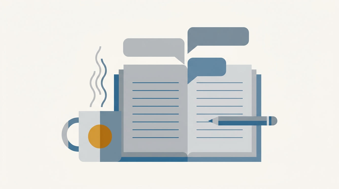 A flat illustration of an open notebook with a pencil resting on it beside a mug, a few speech bubble shapes floating above the pages, grey and blue palette with one warm amber accent