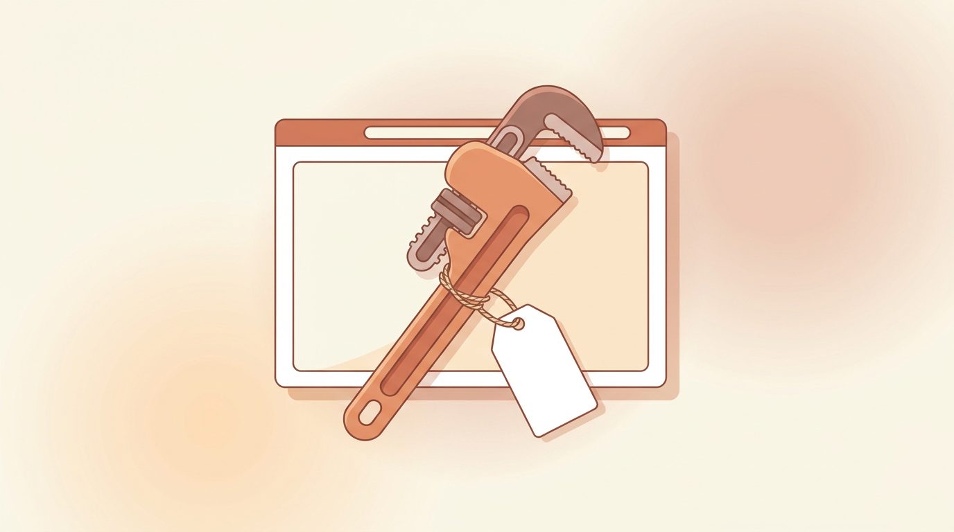 A laptop on a workbench showing a website taking shape as grey and blue blocks, a red pipe wrench leaning against it, copper pipe and a coiled hose beside it, flat illustration
