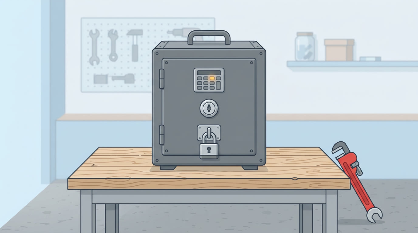 A flat illustration of a steel strongbox with three locks on its front, a keypad at the top, a round keyhole lock in the middle and a padlock at the bottom, standing on a wooden workbench with a red wrench leaning against it, grey and blue palette with one warm amber accent