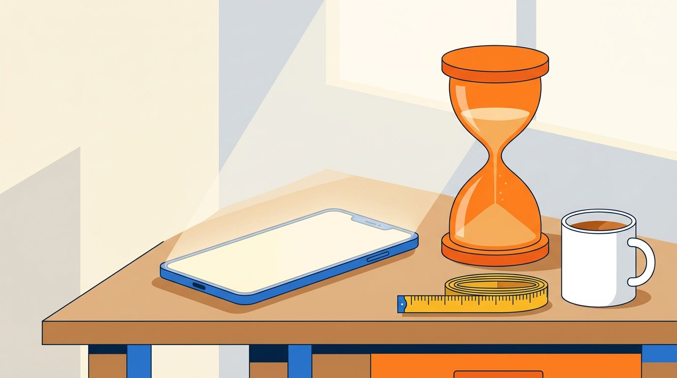 A smartphone on a wooden workbench with a large orange hourglass, a yellow tape measure and a mug of tea, flat illustration