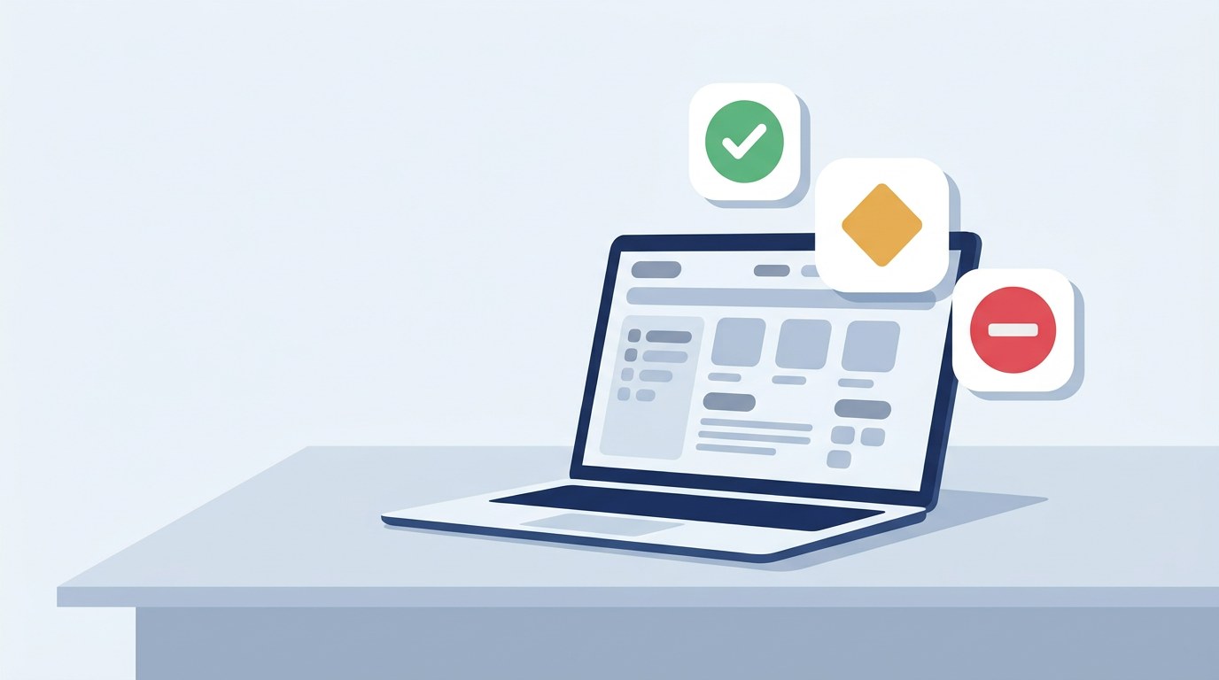 A flat illustration of a laptop on a desk showing a simple wireframe website, with three status badges hovering above the screen: a green check, an amber diamond and a red cross