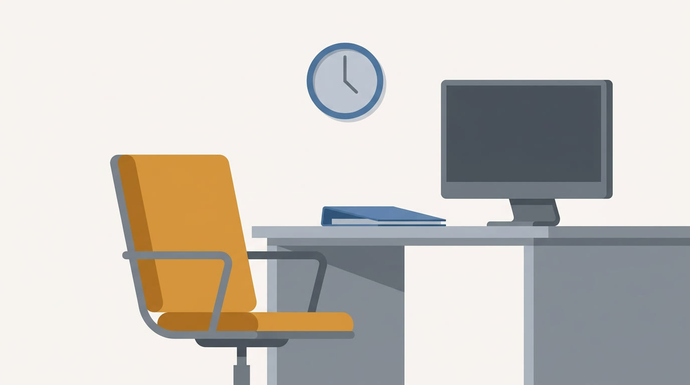 A flat illustration of an empty office chair pushed back from a desk with a dormant computer monitor, a hanging “back soon” style clock and a paper folder on the desk, grey and blue palette with one warm amber accent