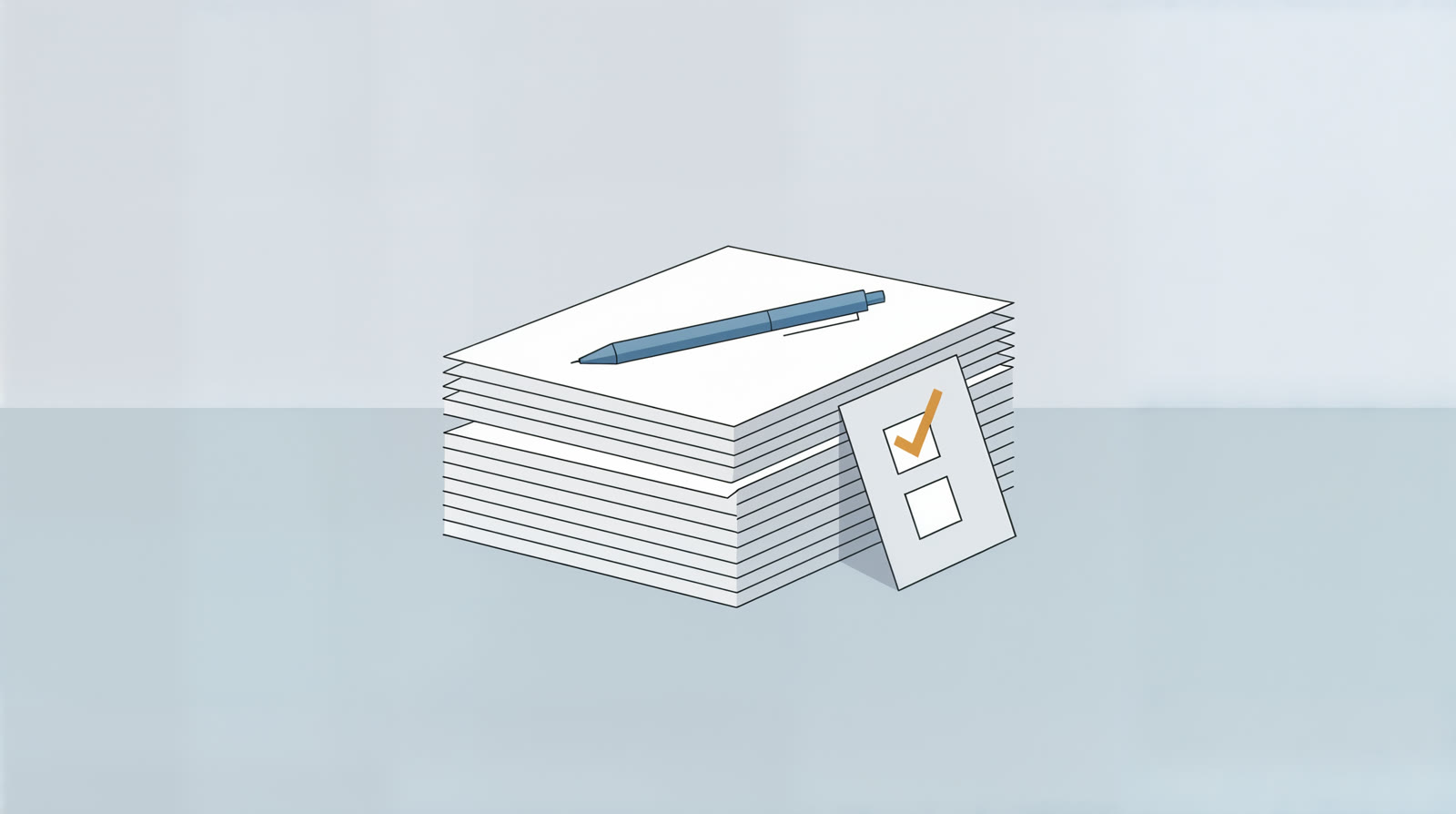 A flat illustration of a neat stack of paper with a pen resting on top and a checklist card with a tick mark