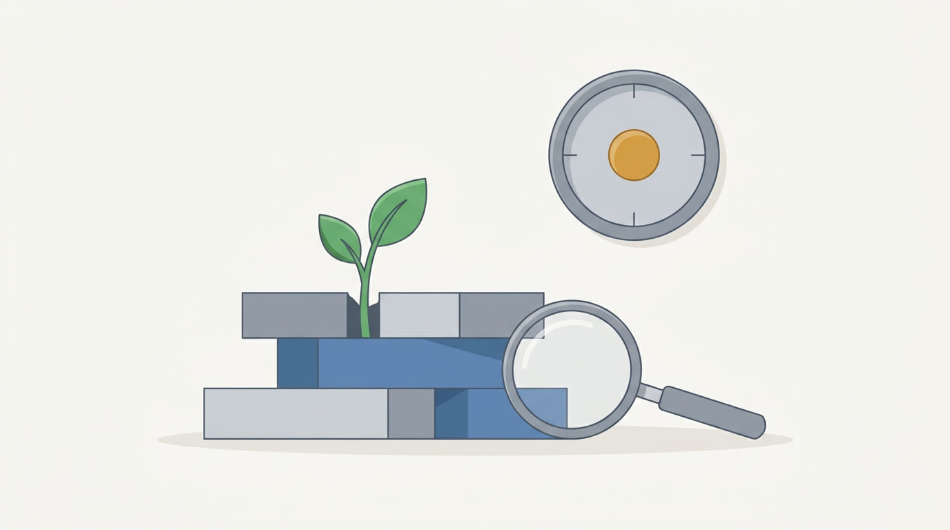 A flat illustration of a seedling growing through stacked layers of grey and blue blocks, with a magnifying glass resting beside it and a small clock in the background, one warm amber accent