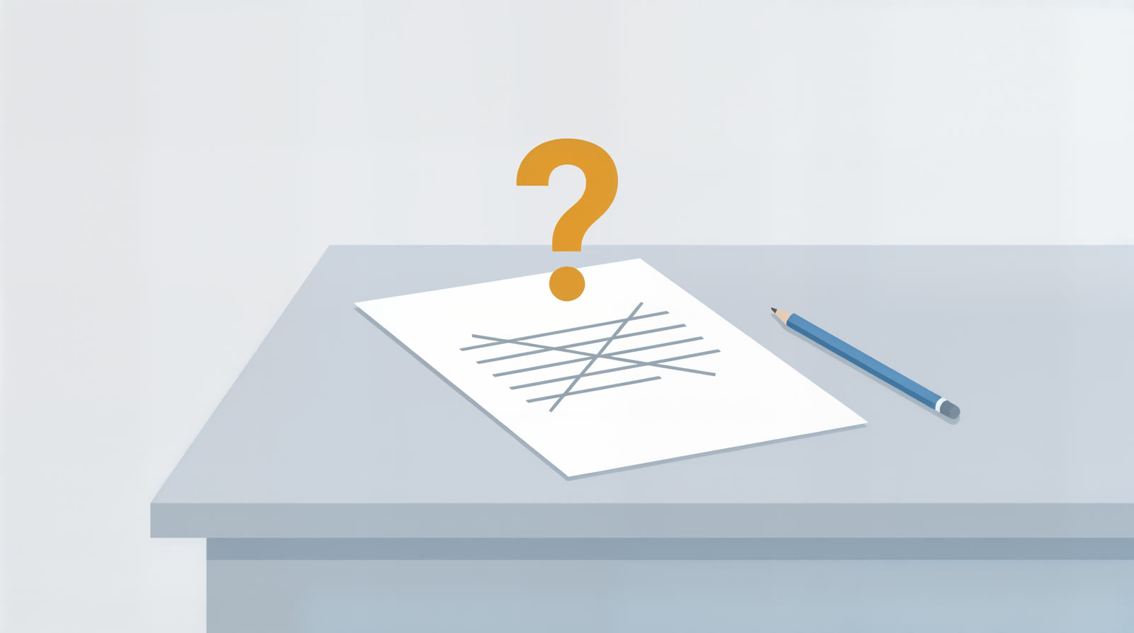 A flat illustration of a contract document with a large question mark over a row of crossed-out blank lines and a pencil resting beside it