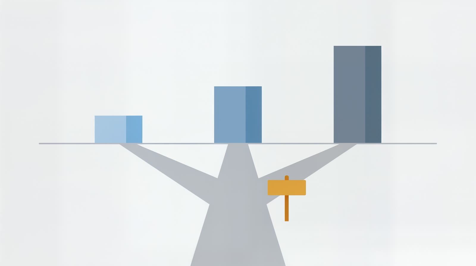 A flat illustration of a road forking into three paths that lead to three building blocks of different heights, grey and blue with a single amber signpost