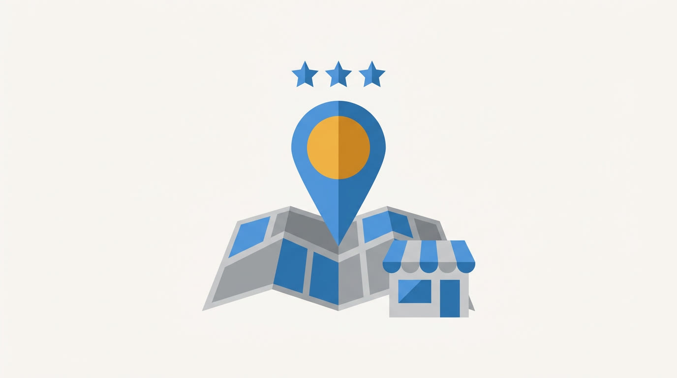 A flat illustration of a map pin standing upright on a small map card with a row of three stars above it and a shopfront icon beside it, grey and blue palette with one warm amber accent