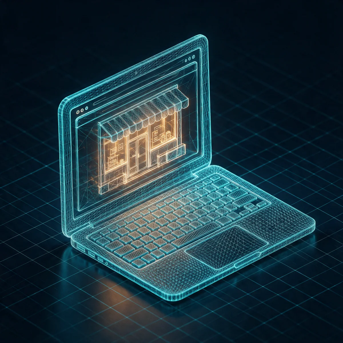 A laptop built entirely from glowing cyan wireframe mesh, its screen showing a wireframe shopfront glowing warm amber